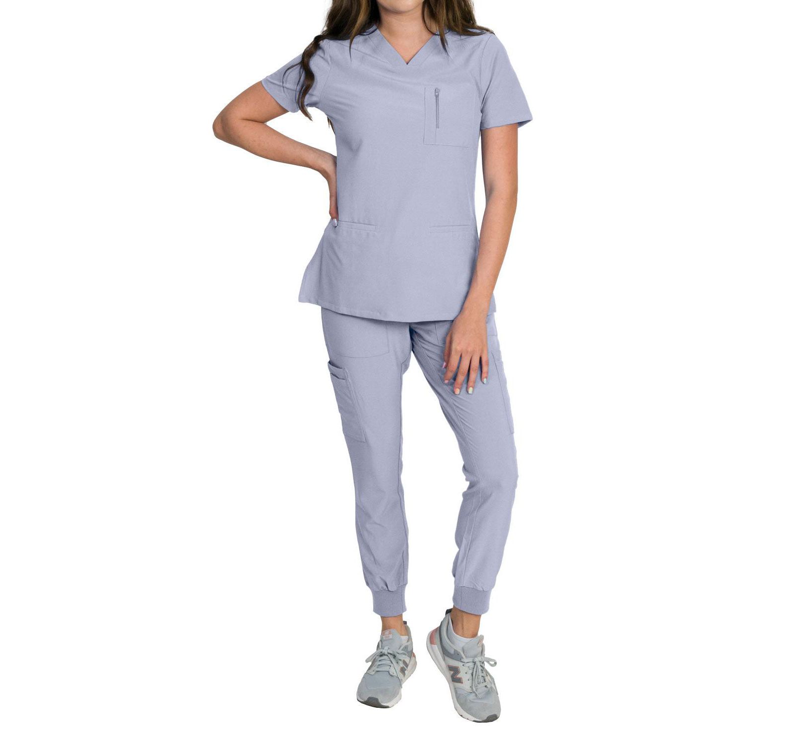 Medgear Women's Stretch Scrub Set with Zip Chest Pocket Top and Knit Rib Cuffs Jogger Pants