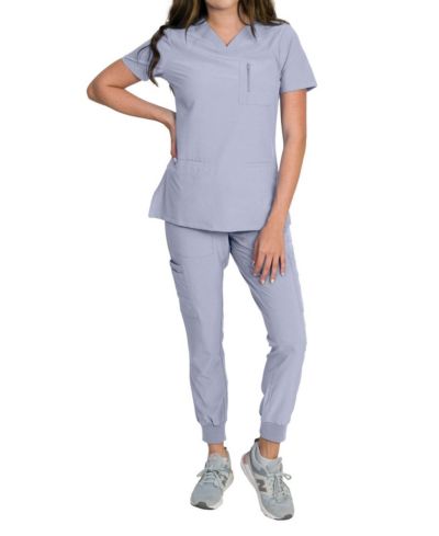 Medgear Women's Stretch Scrub Set with Zip Chest Pocket Top and Knit Rib Cuffs Jogger Pants