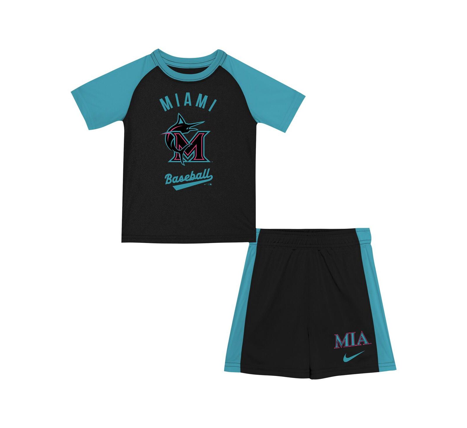 Nike Little Boys and Girls 2-Piece Black/Teal Miami Marlins 2025 City Connect Shirt and Shorts Set