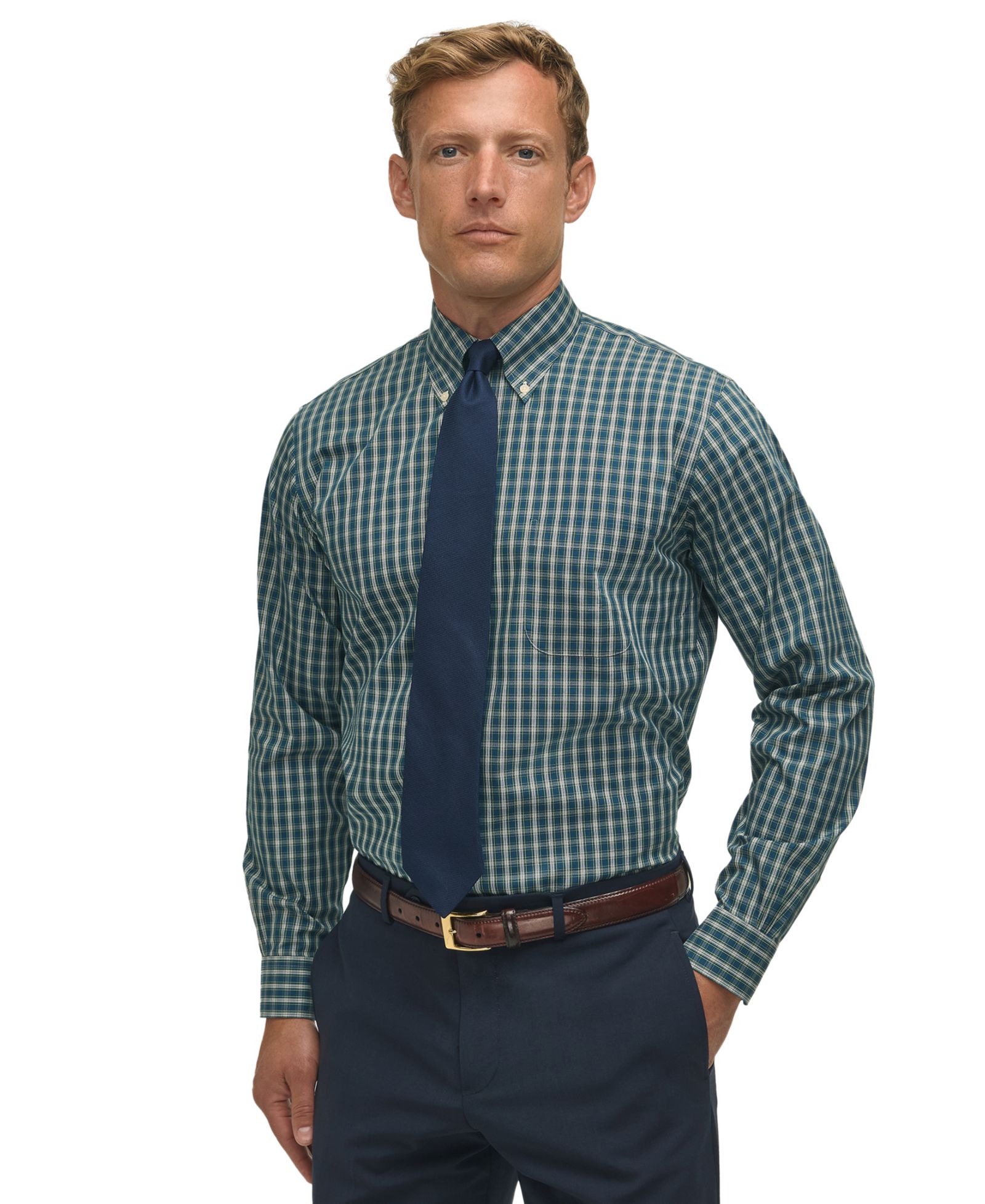 Men's Regular-Fit Polo Button- Down Collar Tartan Plaid Dress Shirt