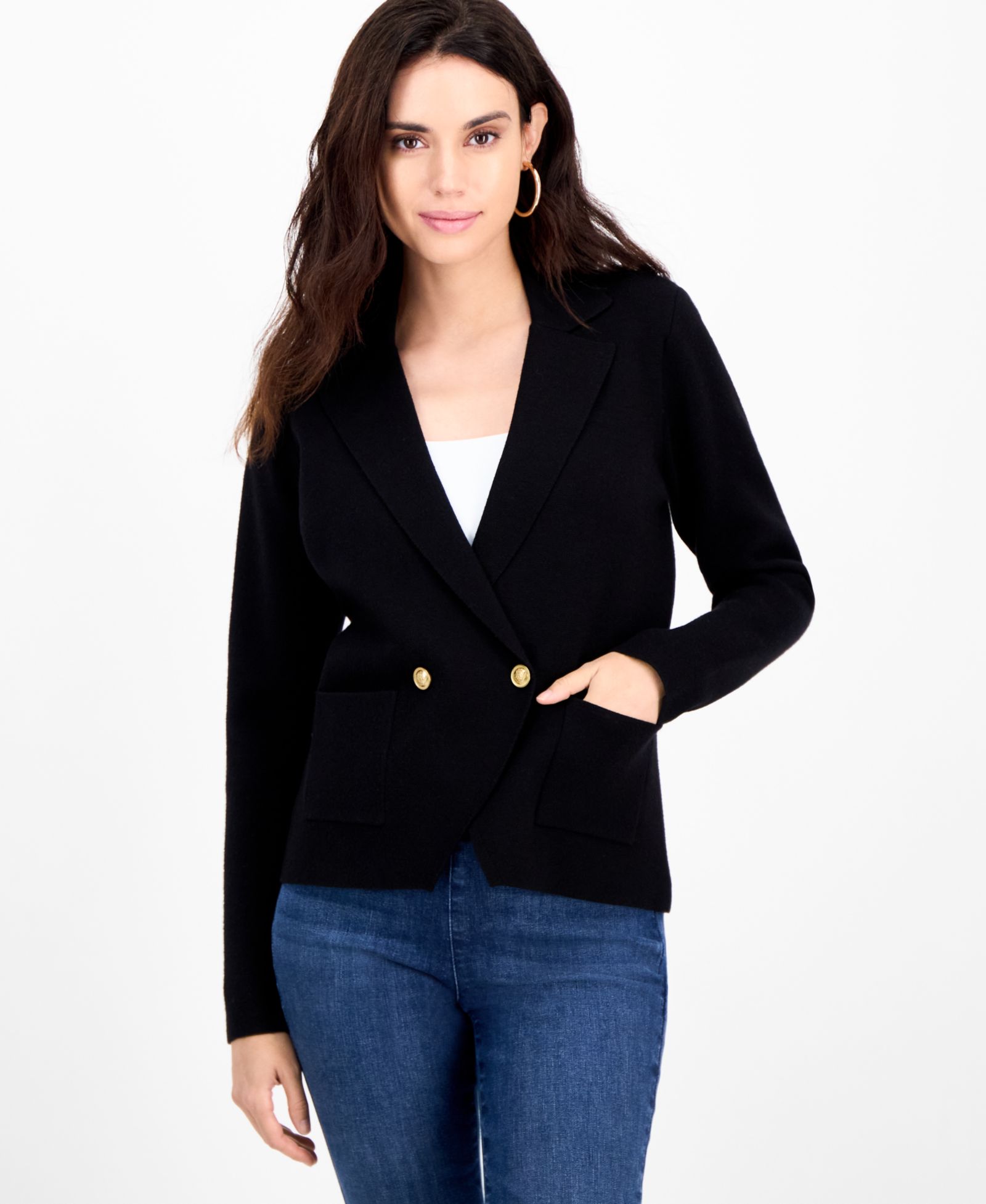 I.N.C. International Concepts Petite Double-Breasted Patch Pocket Sweater, Macy's Exclusive