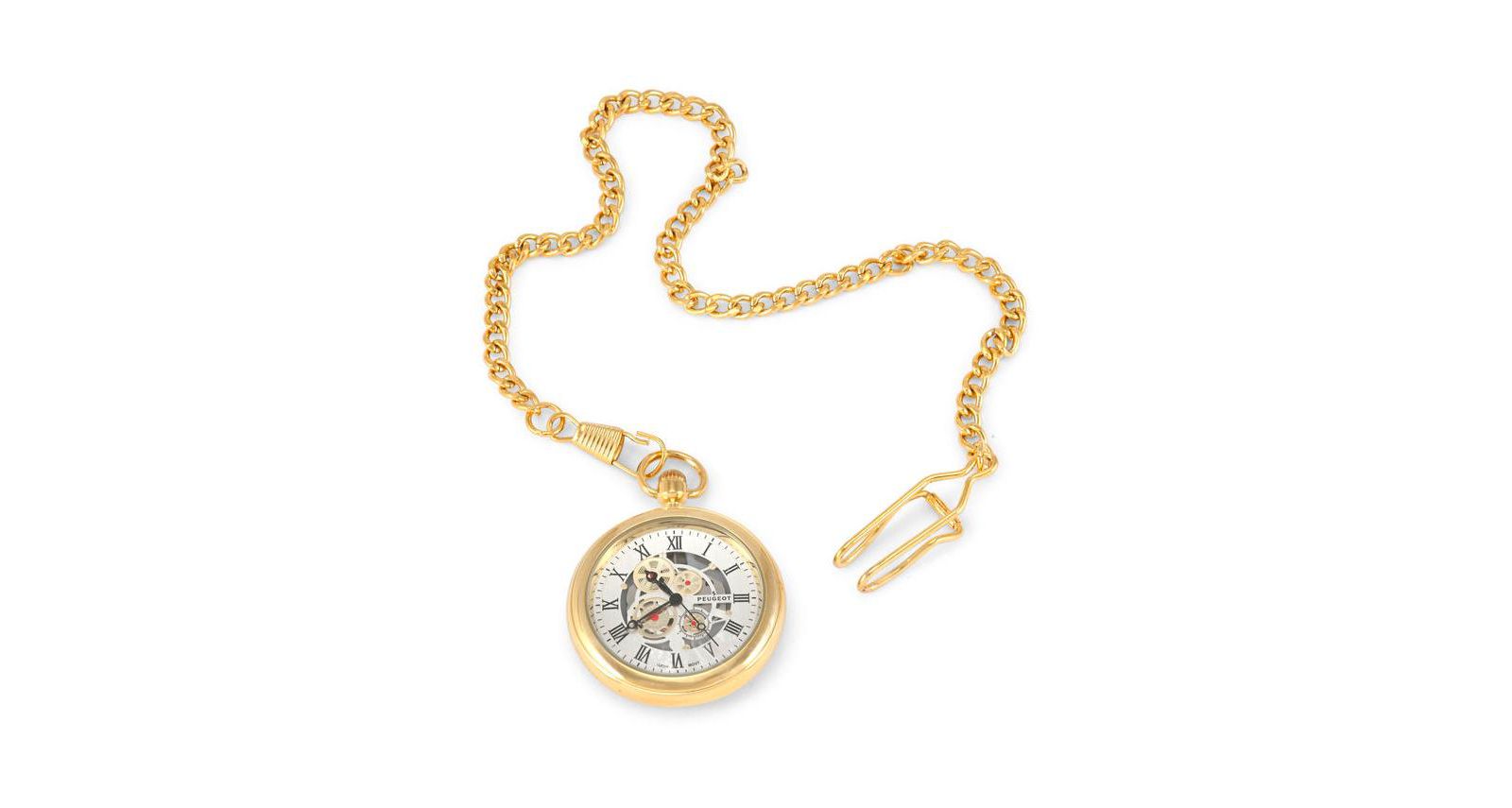 Peugeot Men's 14K Gold Plated Deco Skeleton Dial Vintage Pocket Watch with Clip-On Chain