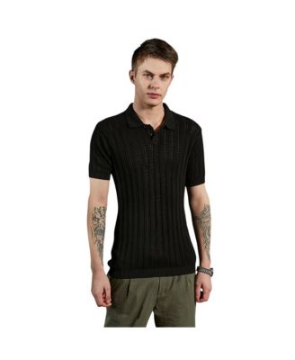 Campus Sutra Men's Obsidian Black Stripe-Textured Polo T-Shirt