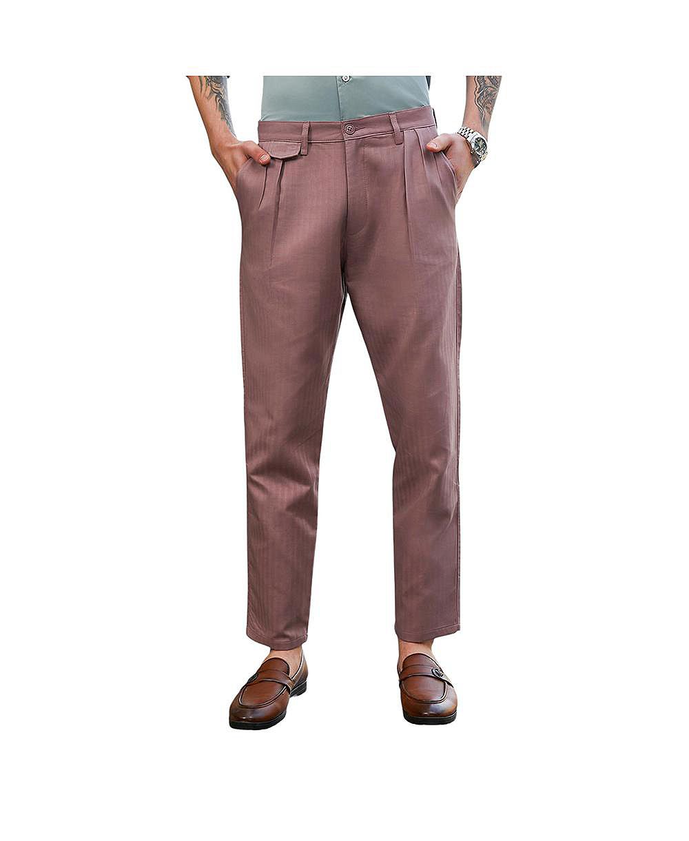 Campus Sutra Men's Nude Pink Striped Tailored Trousers