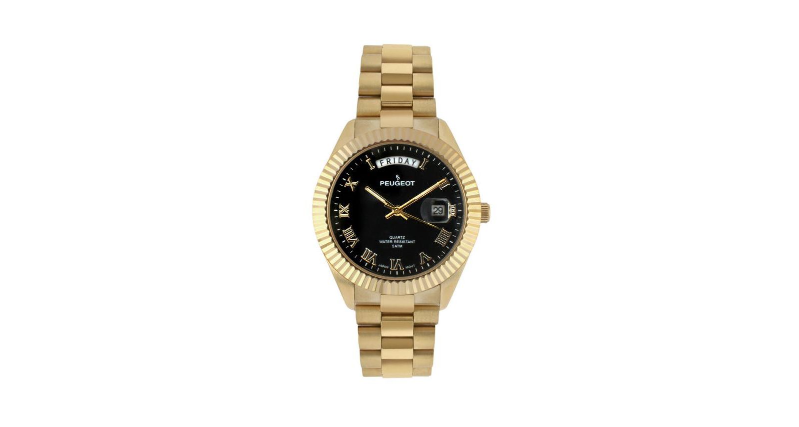 Peugeot Мужские часы Black Face Fluted Bezel Gold Bracelet