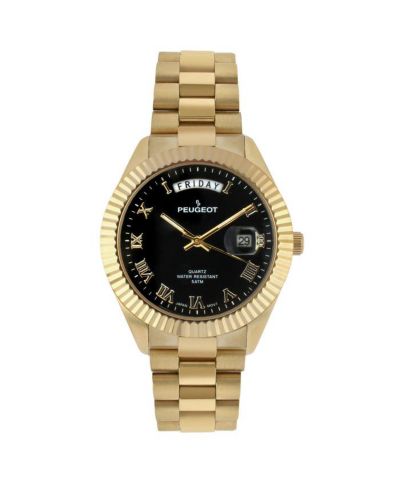 Peugeot Мужские часы Black Face Fluted Bezel Gold Bracelet