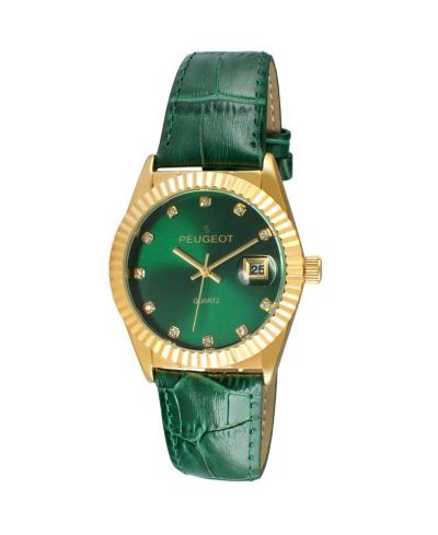 Peugeot Women's Green 36mm Fluted Bezel Watch with Leather Strap