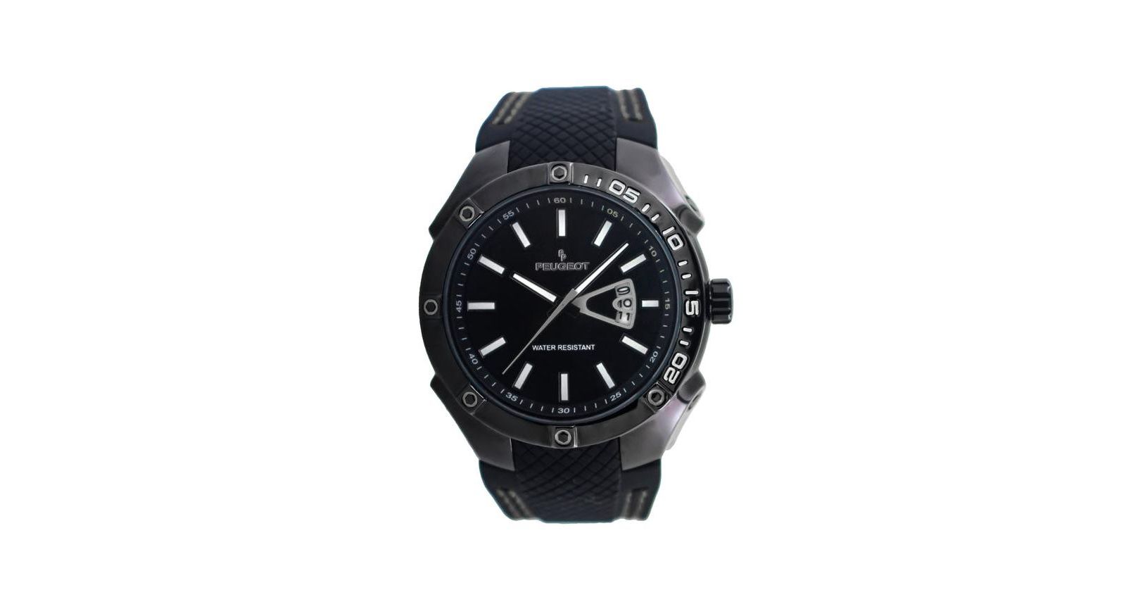 Peugeot Men's 44mm Black Sport Calendar Stitched Rubber Band Watch