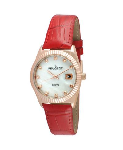 Peugeot Women 36mm Red Fluted Bezel Watch with Leather Strap - Mother of Pearl Dial