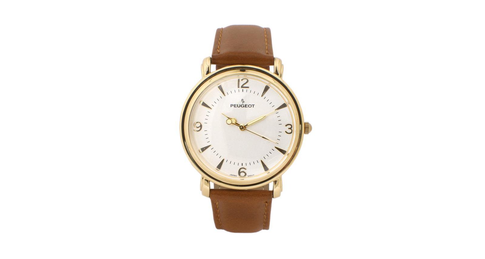 Peugeot Men 38mm Gold Retro Design Calf Skin Leather Strap watch