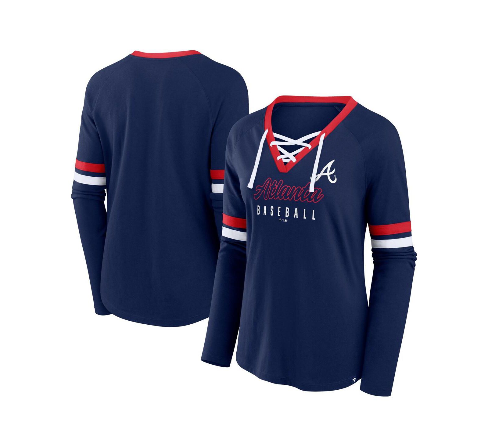 Футболка Fanatics Women's Navy Atlanta Braves Won Done Raglan Lace-Up Long Sleeve