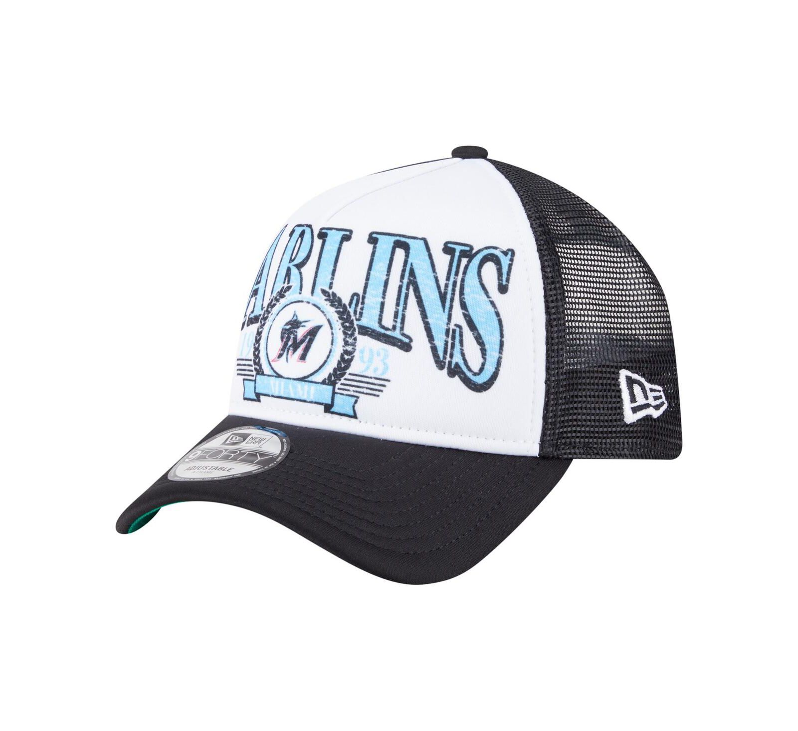 Мужская кепка New Era Men's Black Miami Marlins Distressed 9FORTY A-Frame Adjustable Trucker Hat