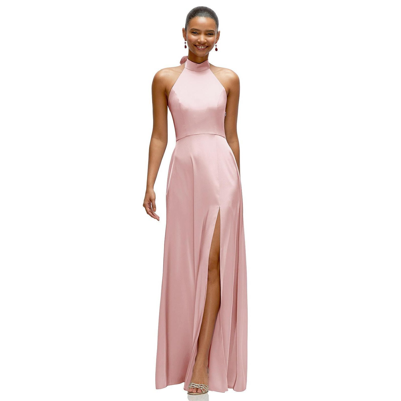 After Six Women's Band Collar Halter Open Back Fluid Satin Maxi Dress with Self-Tie Bow