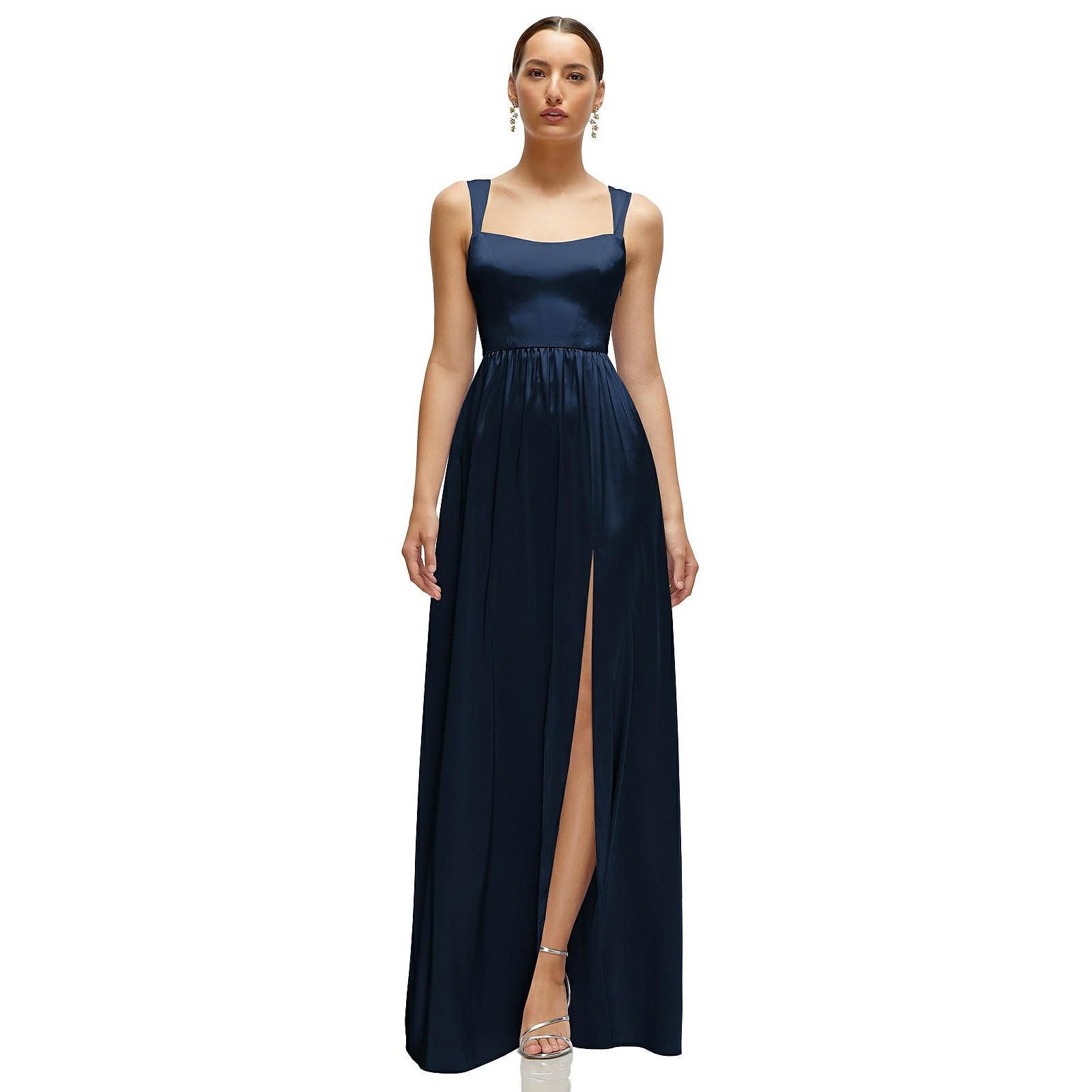After Six Women's Shaped Strap Portrait Neckline Fluid Satin Maxi Dress with Full Skirt