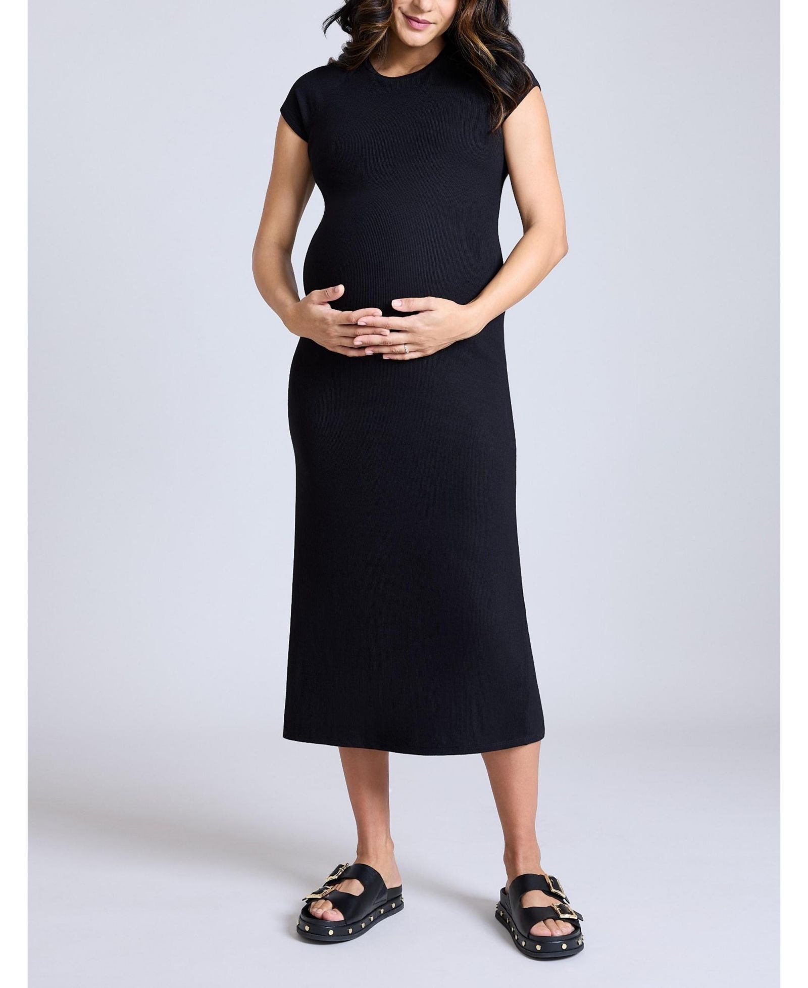 Motherhood Maternity Women's Rib Knit Short Sleeve Raglan Midi Dress - Motherhood