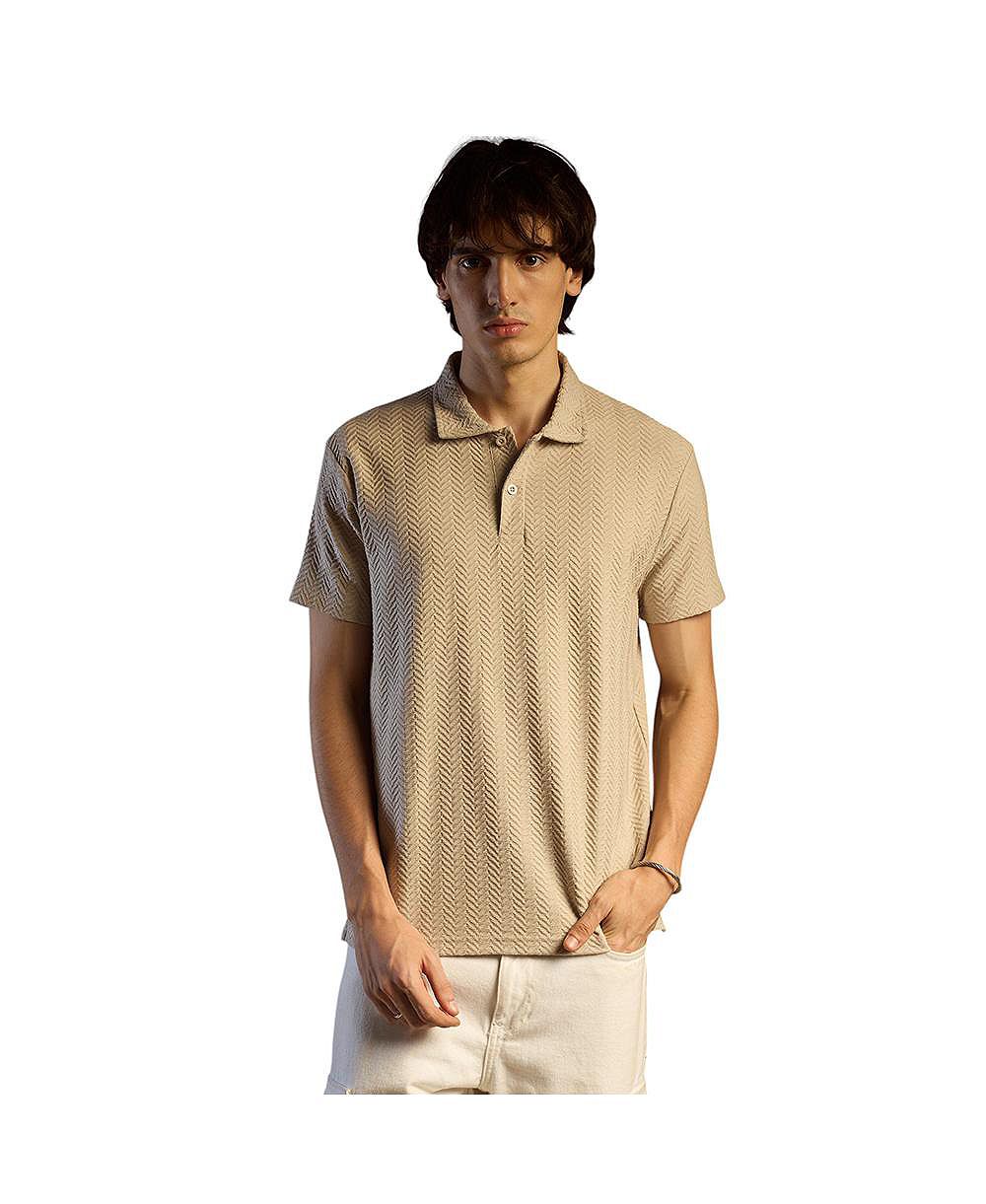 Campus Sutra Men's Saltbox Beige Chevron Polo T-Shirt