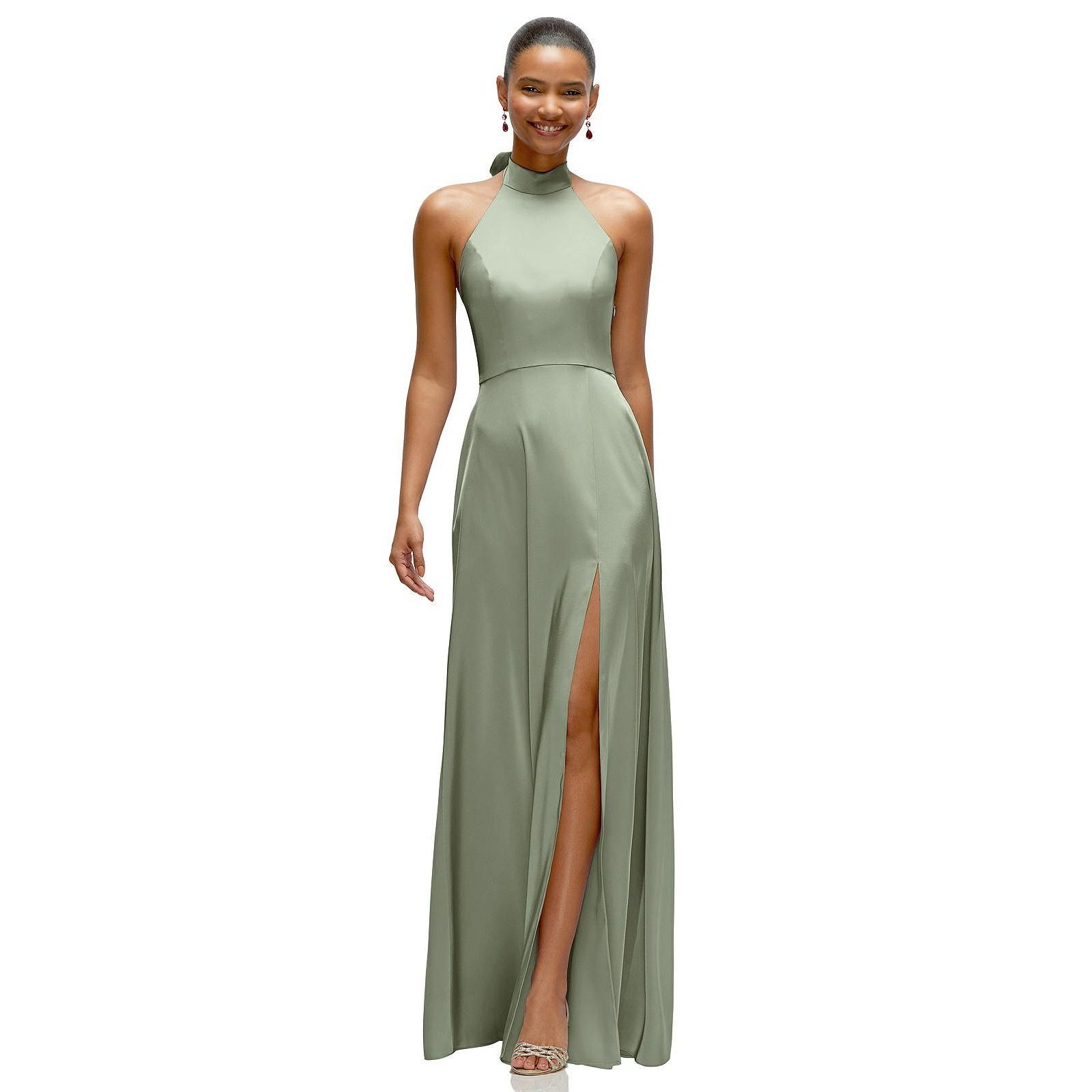 After Six Women's Band Collar Halter Open Back Fluid Satin Maxi Dress with Self-Tie Bow