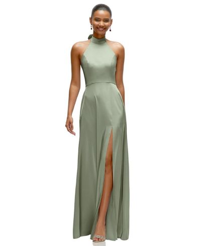 After Six Women's Band Collar Halter Open Back Fluid Satin Maxi Dress with Self-Tie Bow