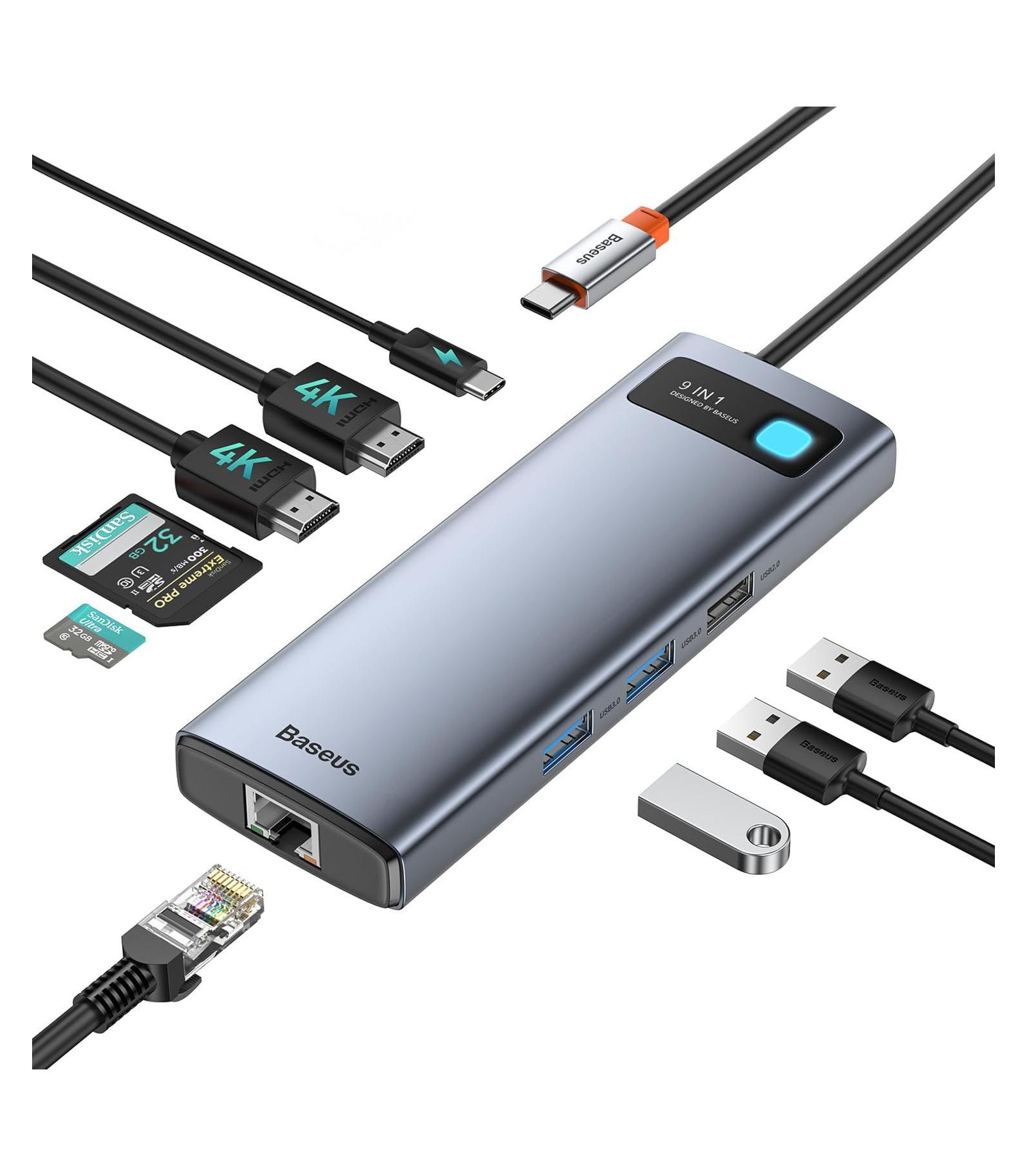 Док-станция Baseus Laptop Dual Monitor 4K120Hz, 9 in 1 USB C Hub с 2 HDMI, 1000Mbps LAN, Max 85W PD, 3 USB, SD Card Reader