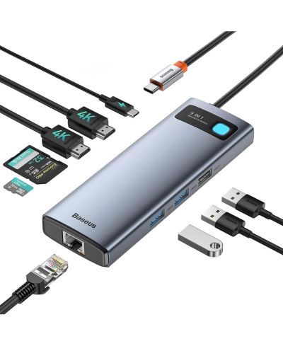 Док-станция Baseus Laptop Dual Monitor 4K120Hz, 9 in 1 USB C Hub с 2 HDMI, 1000Mbps LAN, Max 85W PD, 3 USB, SD Card Reader