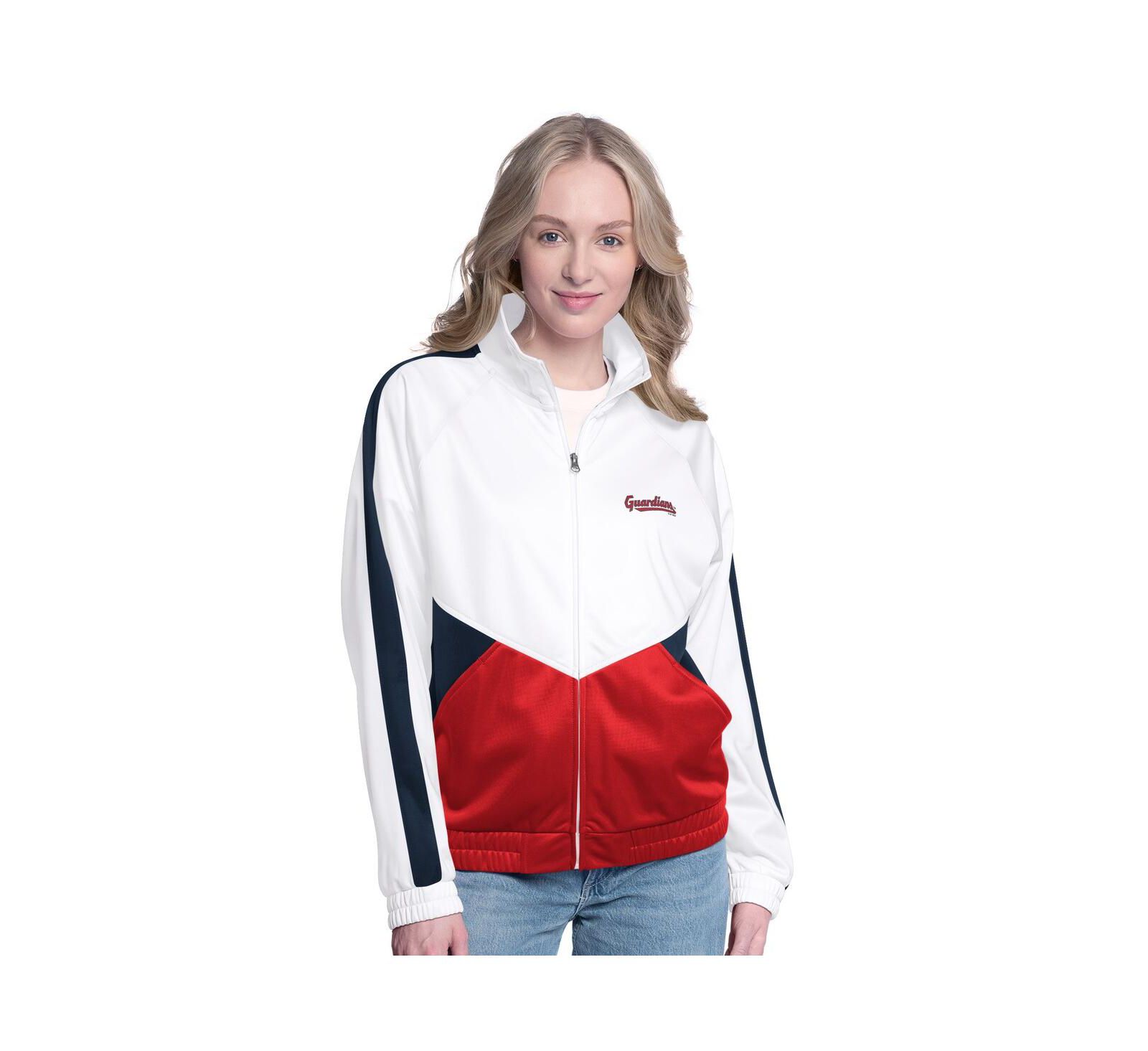 G-III Sports by Carl Banks Women's White/Navy Cleveland Guardians Rally Rhinestone Raglan Full-Zip Track Jacket