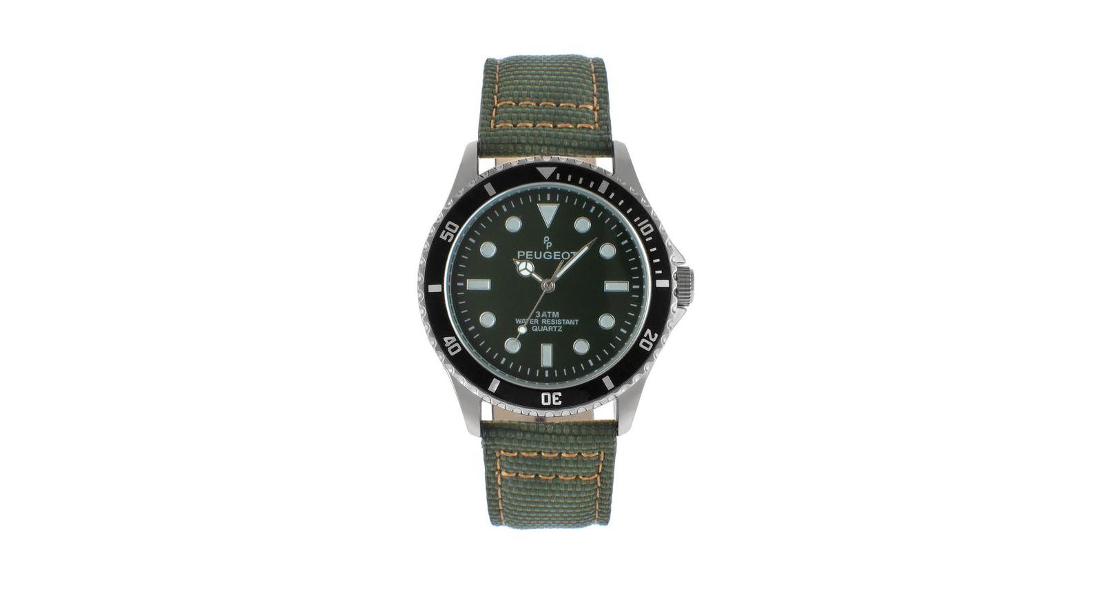 Мужские спортивные часы Peugeot 42mm Khaki Green Dial Canvas Strap