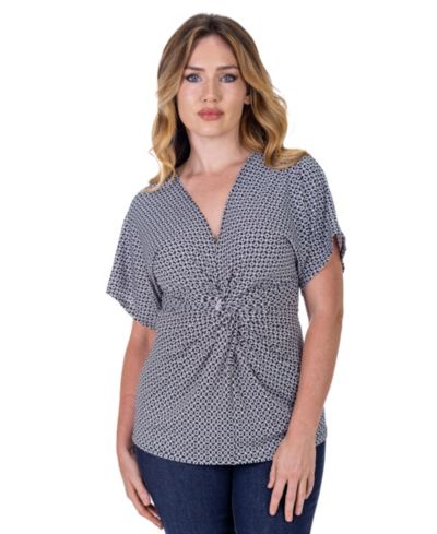 24seven Comfort Apparel Petite V-Neck Geometric Print Front Kimono Sleeve Top