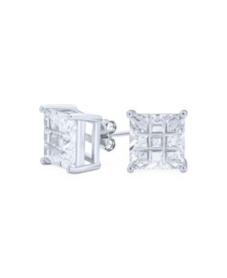 Bling Jewelry Princess Cut Checkboard Square CZ Stud Earrings .925 Sterling Silver 6MM