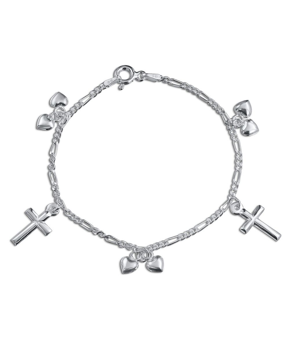 Bling Jewelry Religious Dangling Hearts Cross Charm Bracelet .925 Sterling Silver 7 Inch