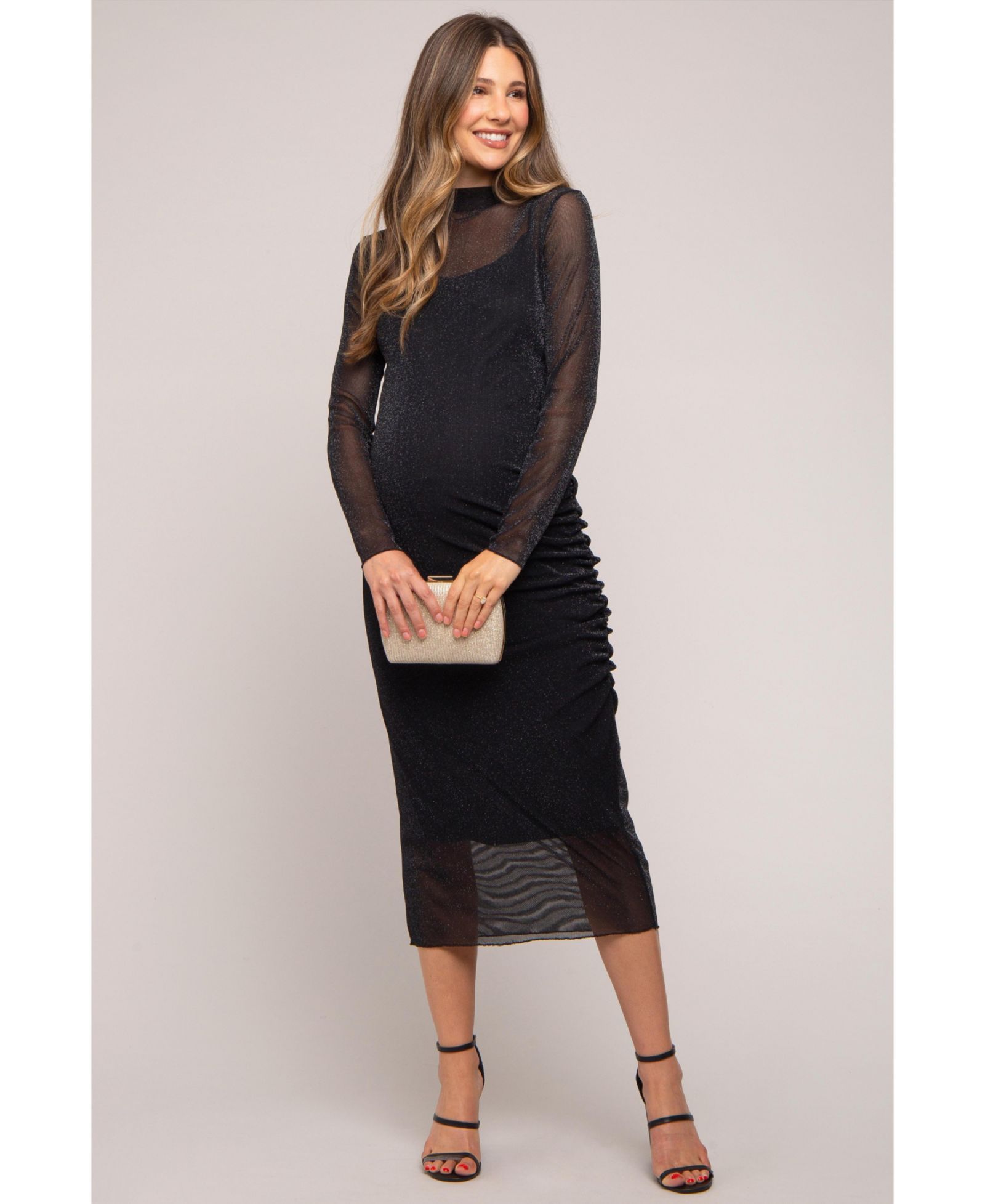 Pinkblush Women's Brown Shimmer Mesh Long Sleeve Ruched Midi Dress