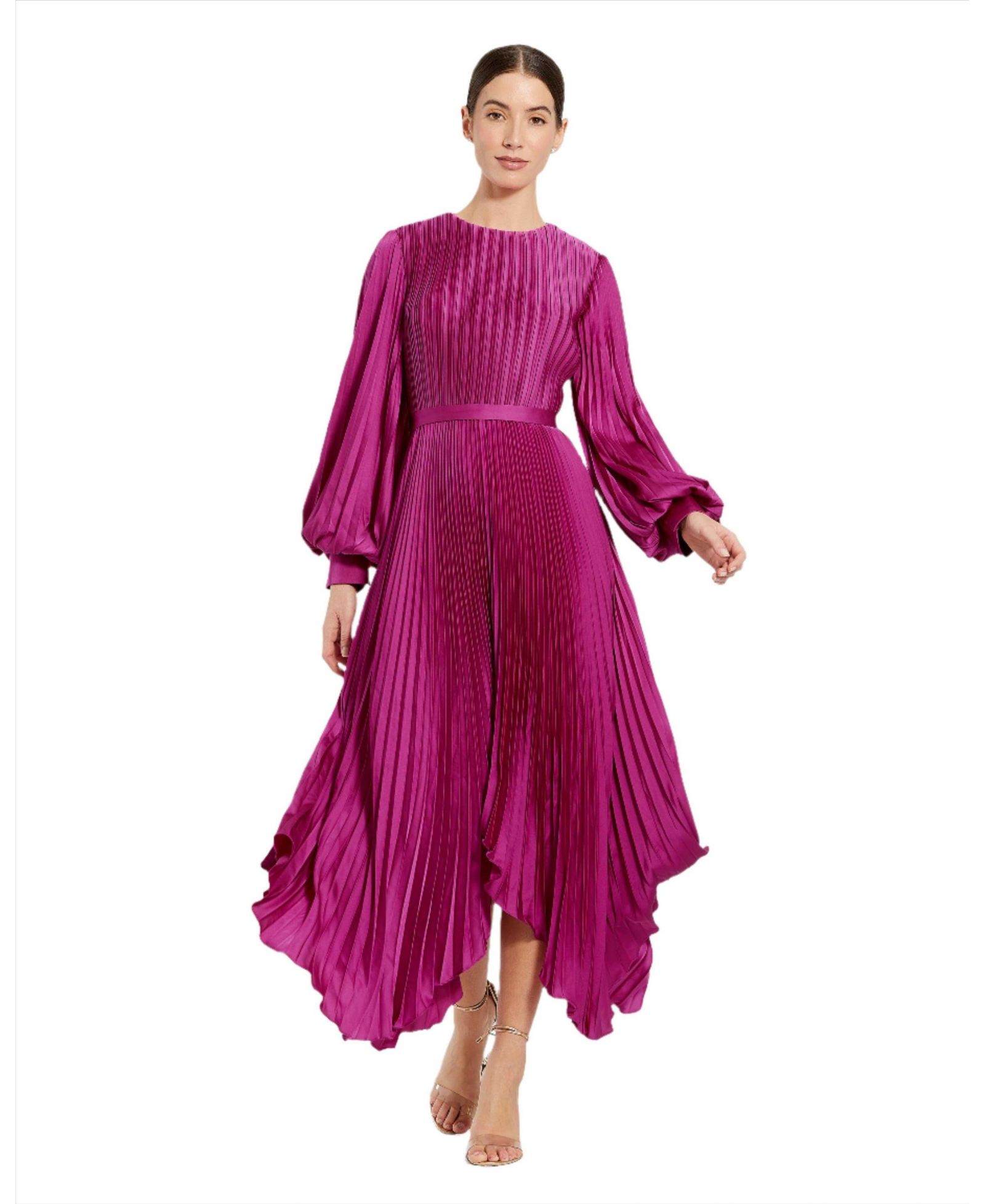 Mac Duggal Women's Long Sleeve Pleated Charmeuse Handkerchief Midi Dress
