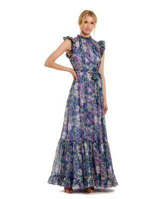 Mac Duggal Women's Belted Floral Chiffon Ruffle Sleeve Gown
