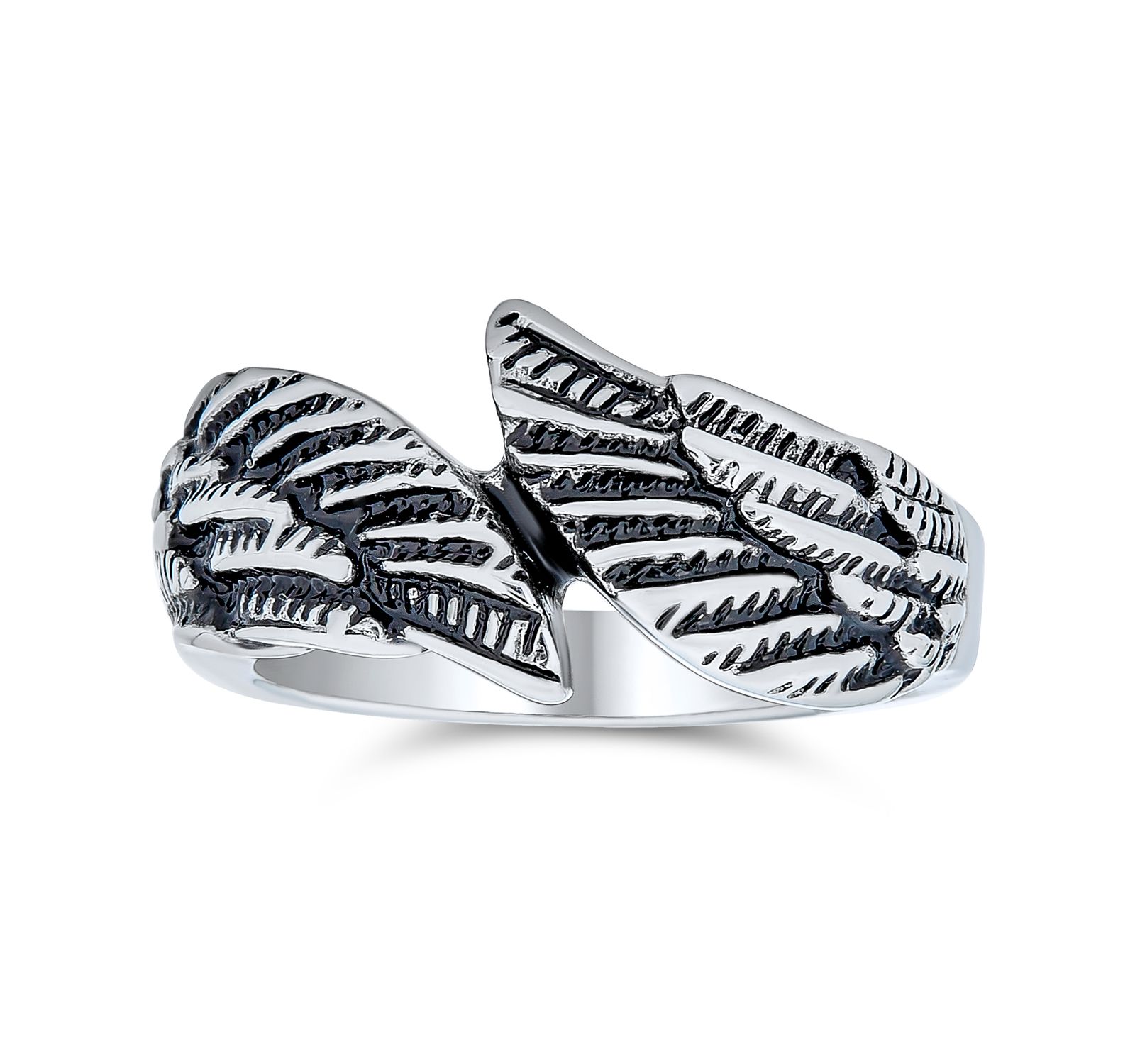 Bling Jewelry Guardian Angel Wing Band Ring Oxidized Stainless Steel 4MM