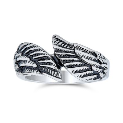 Bling Jewelry Guardian Angel Wing Band Ring Oxidized Stainless Steel 4MM