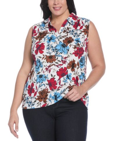 Rafaella Plus Size Bouquet Print V-Neck Polo T-Shirt