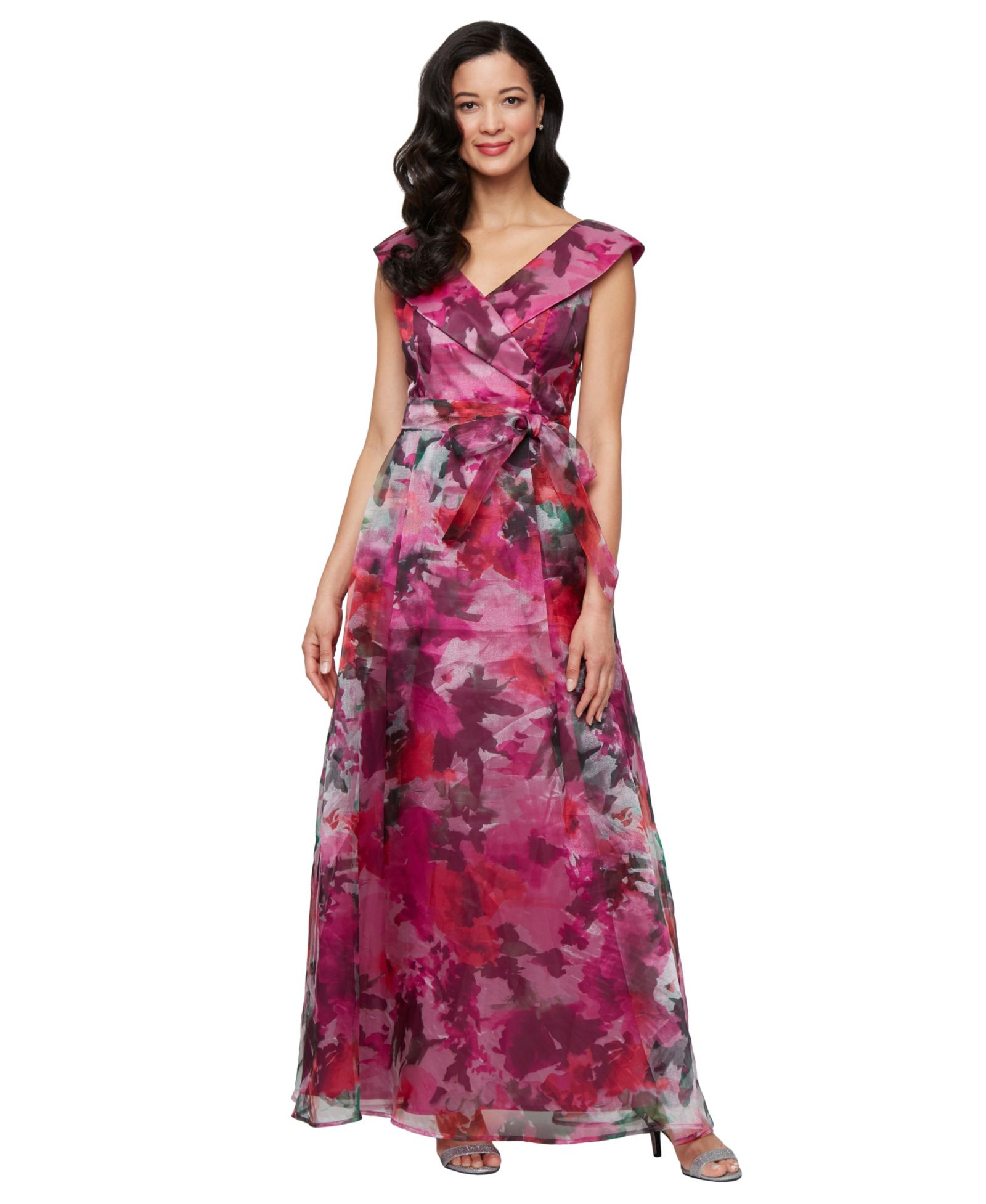 Alex Evenings Printed V-Neck Long A-Line Gown
