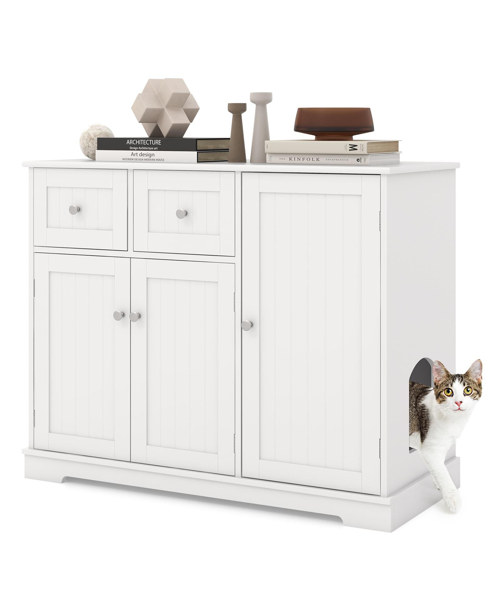 Cat Litter Box Enclosure with 2 Drawers and 3 Doors for Kittens and Adult Cats