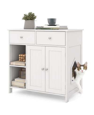 Hidden Cat Washroom Side Cabinet Wooden Pet House with 2 Drawers