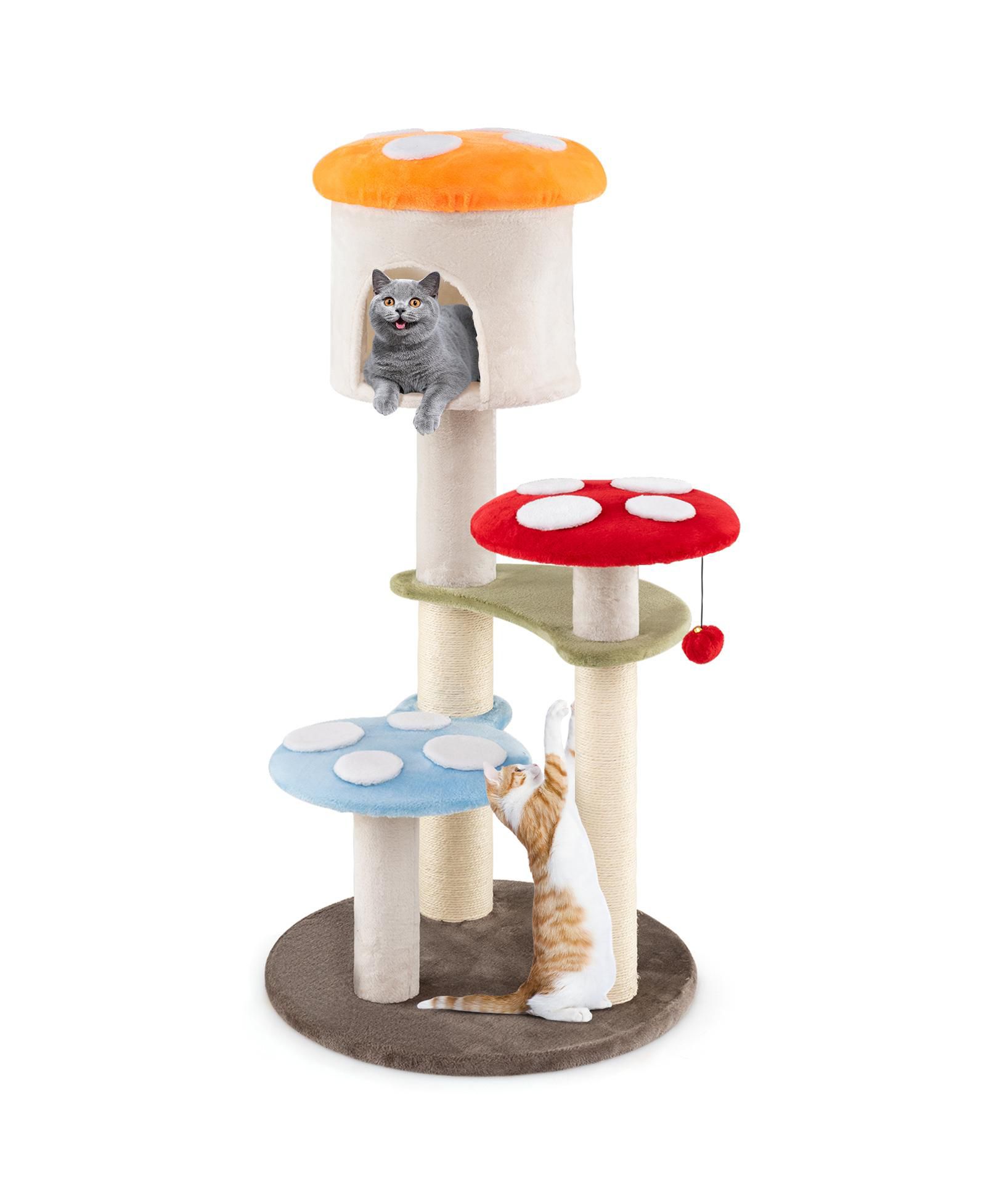 Cat Tree Tower with Mushroom Design, Scratching Posts, Condo and Plush Platforms-Multi Color