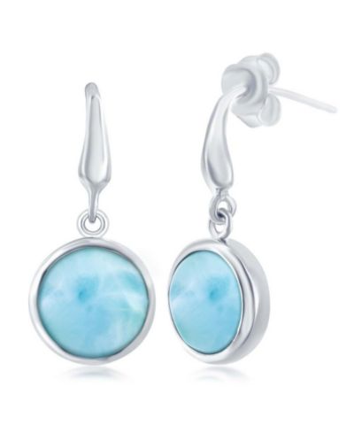 Sterling Bezel-set Round Larimar Dangle Earrings