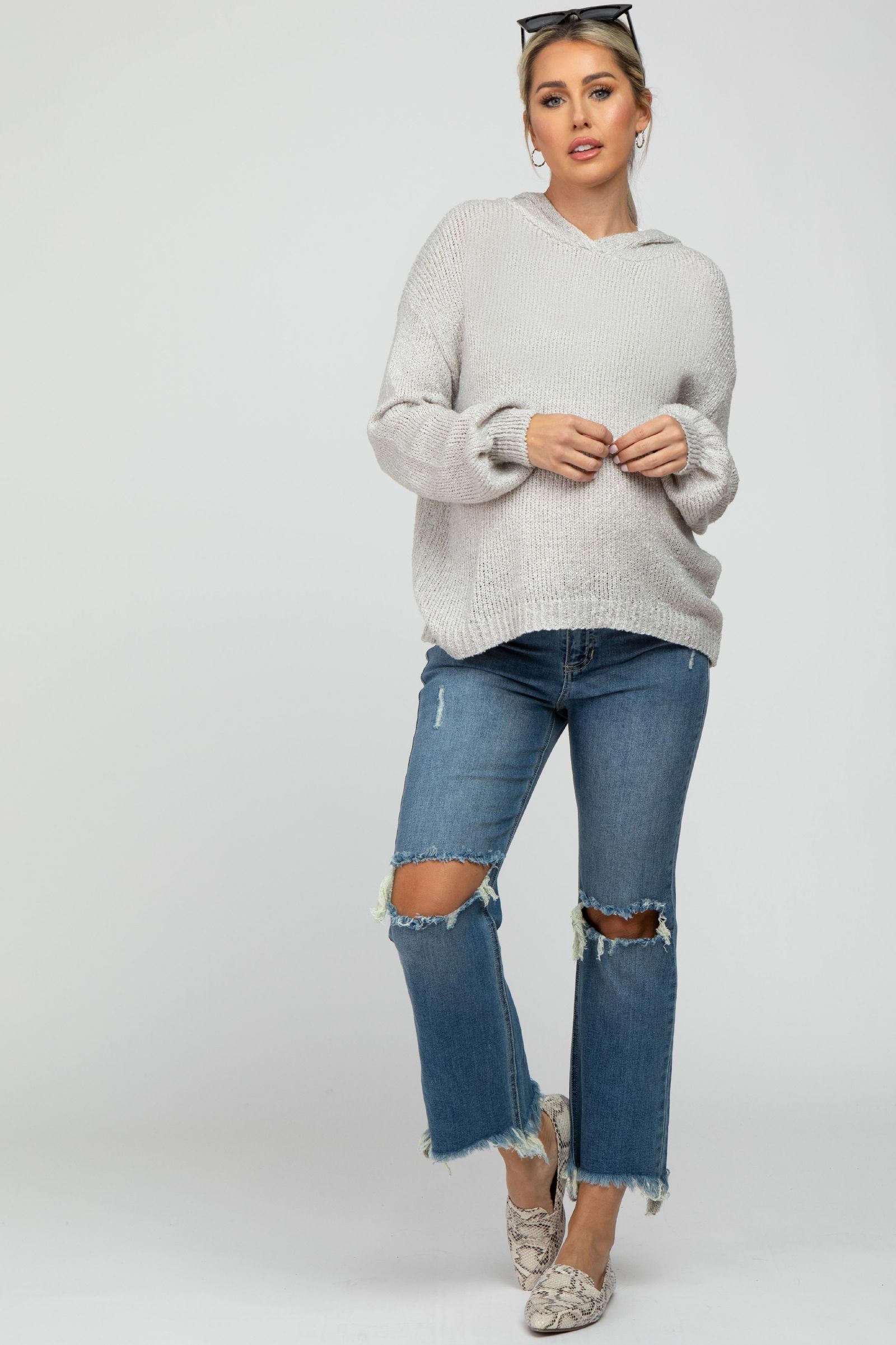 Pinkblush Women's Blue Frayed Wide Leg Cropped Jeans