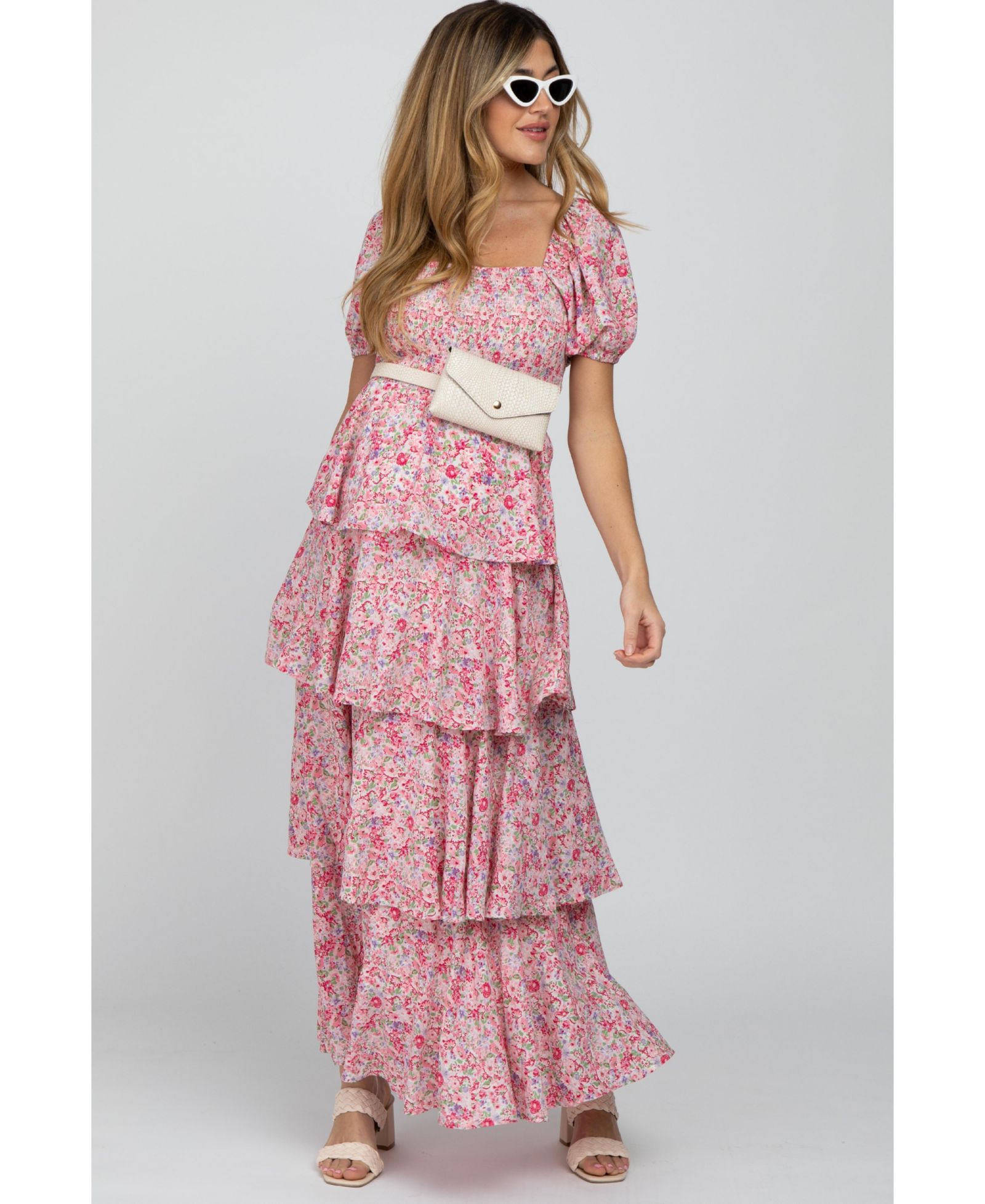 Pinkblush Women's Pink Floral Square Neck Ruffle Layered Maxi Dress