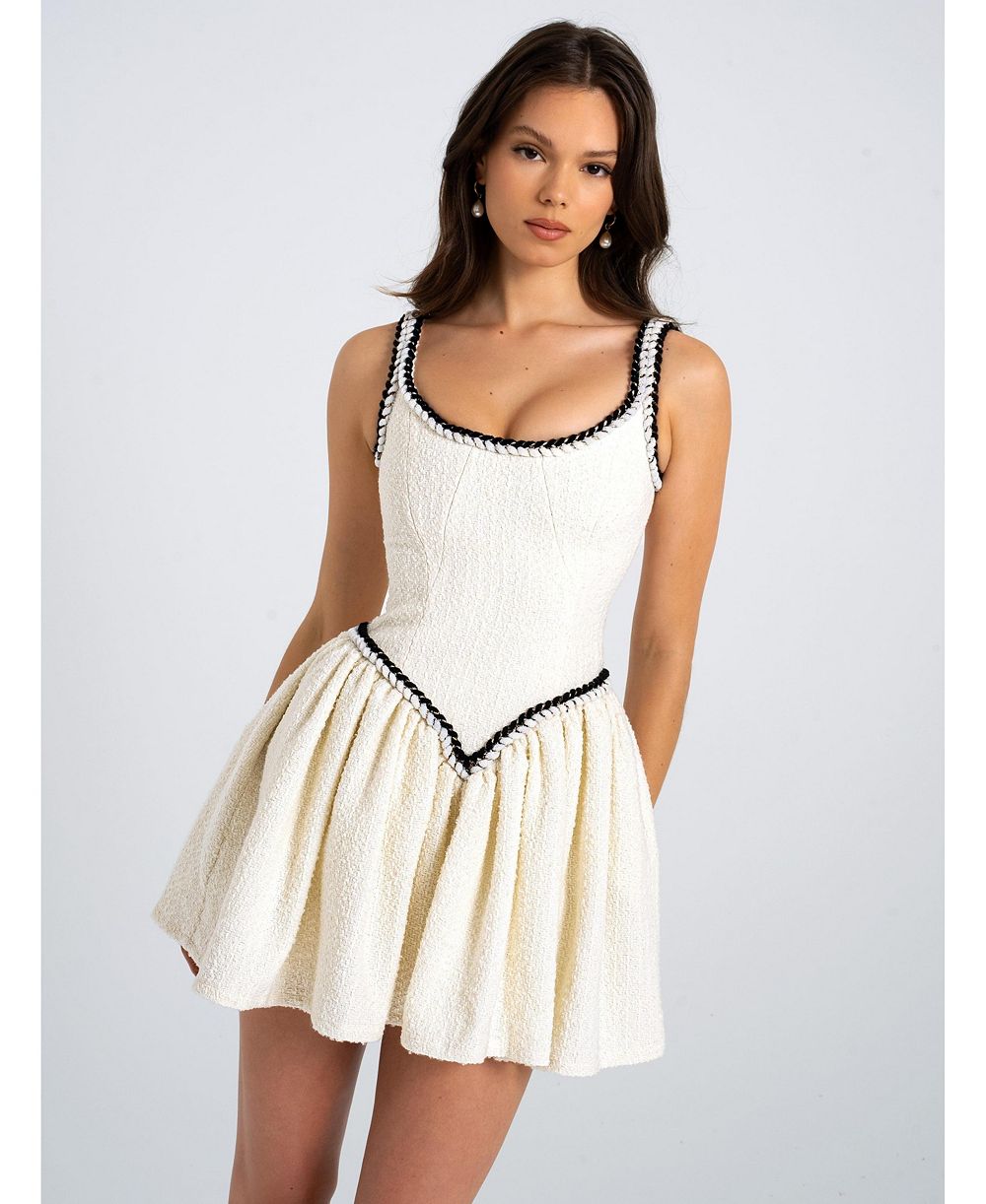 Женское мини-платье Miss Circle Coco White Boucle Tweed V-образный вырез
