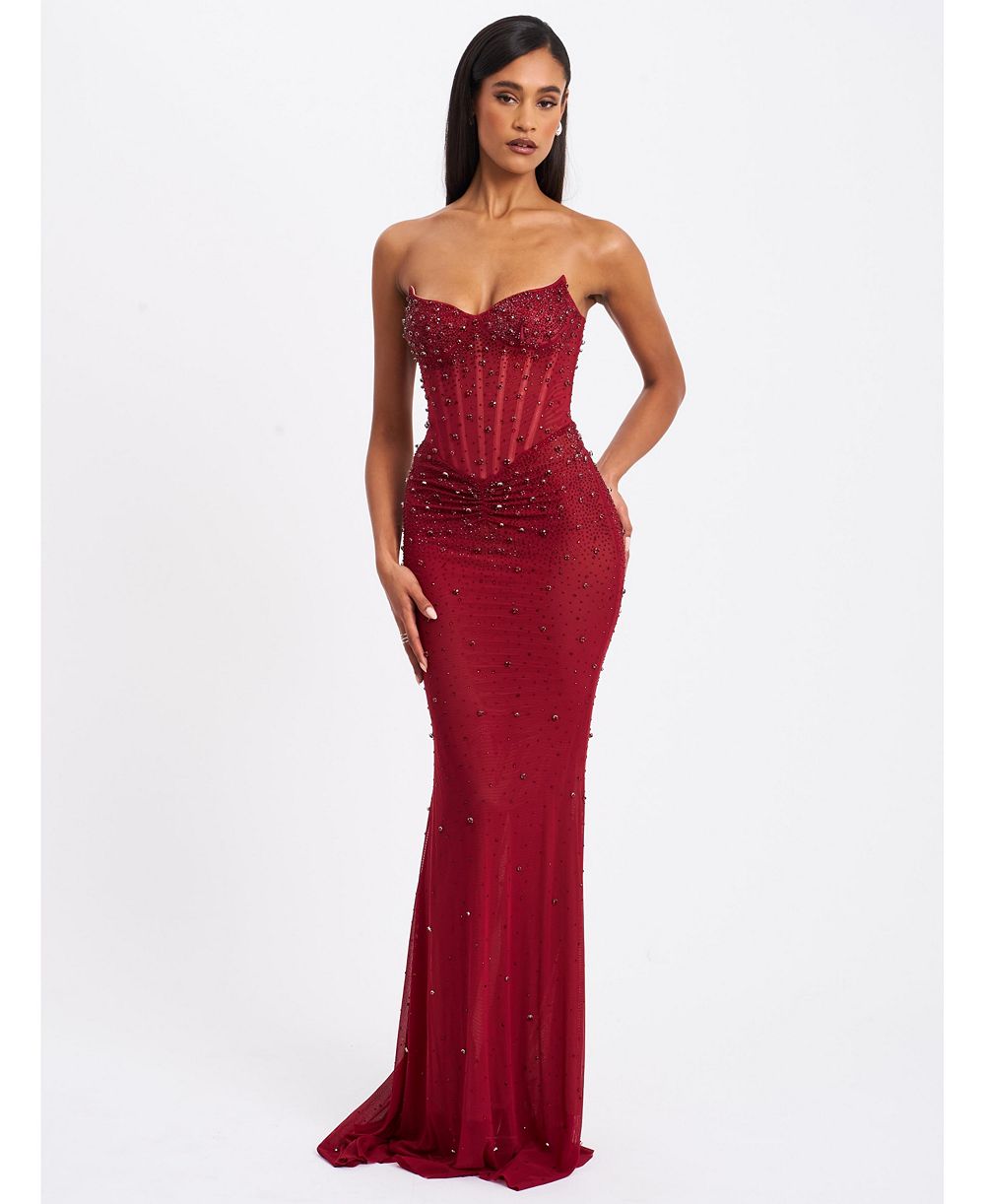 Miss Circle Women's Fatima Burgundy Crystal Sleeveless Corset Mermaid Maxi Dress