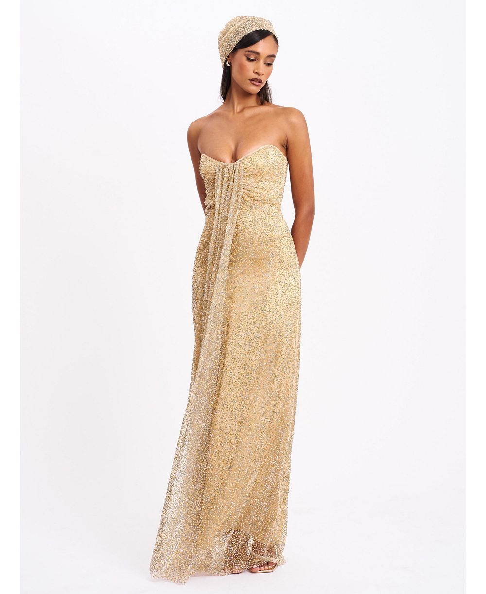 Женское вечернее платье Miss Circle Ada Gold Rhinestone Embellished Strapless Gown с платком на голову