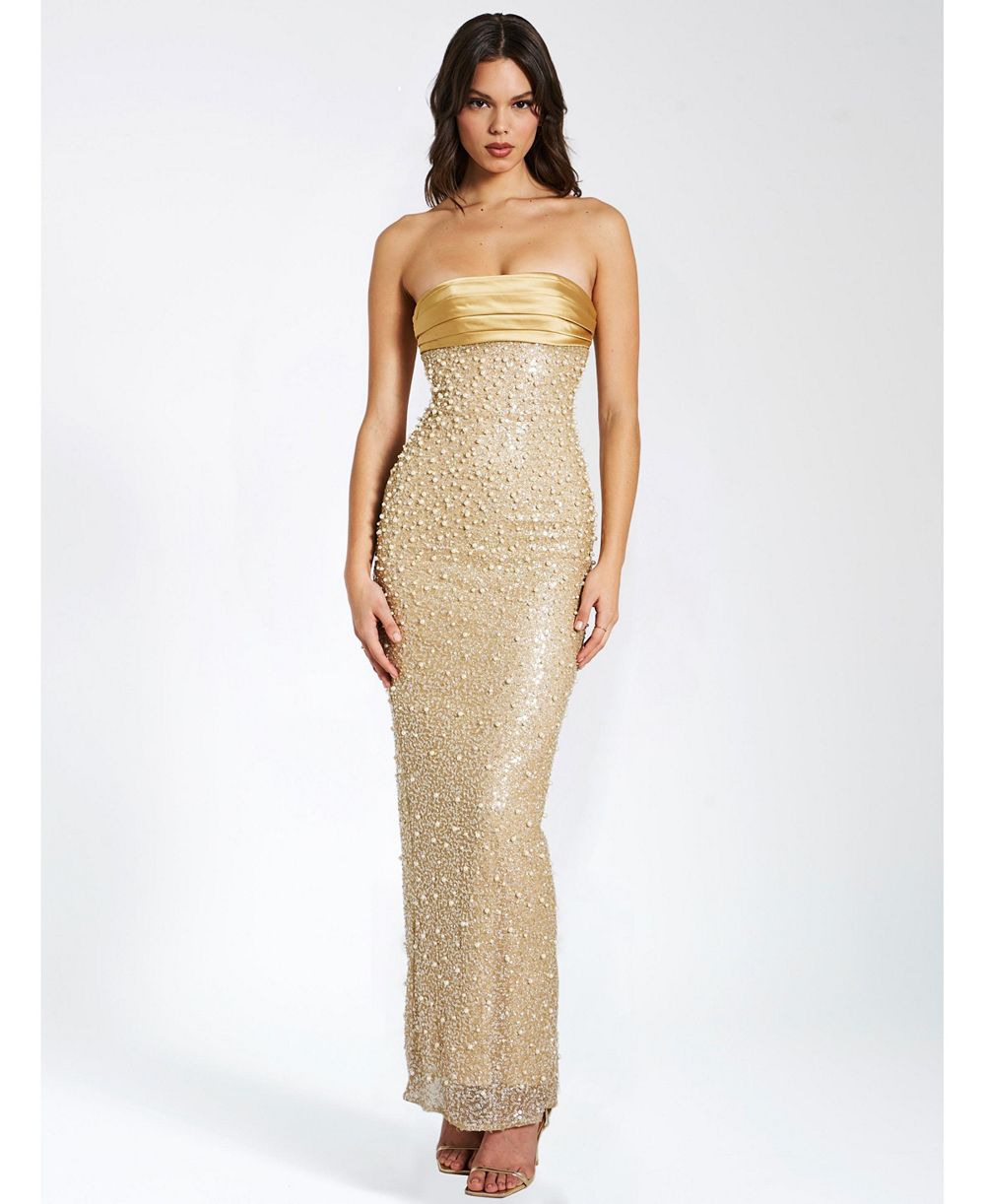 Женское платье Miss Circle Lainey Gold Satin Sequin Pearls Beaded Maxi