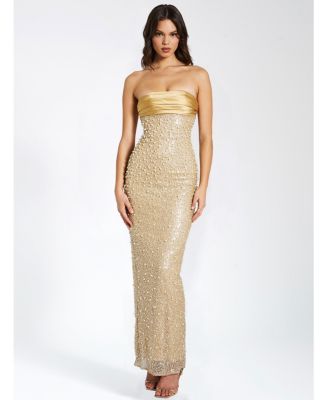 Женское платье Miss Circle Lainey Gold Satin Sequin Pearls Beaded Maxi