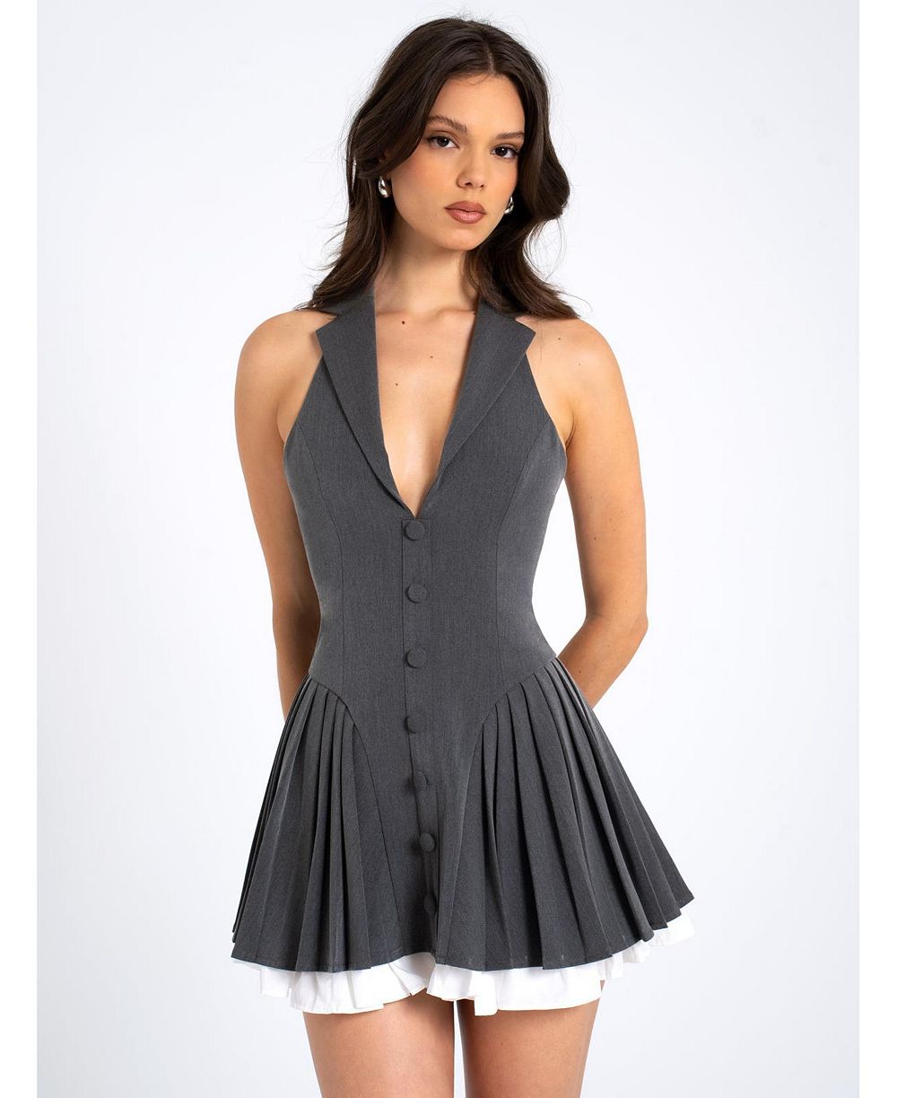 Женское мини-платье Miss Circle Hazel Grey Preppy Halter Neck Pleated