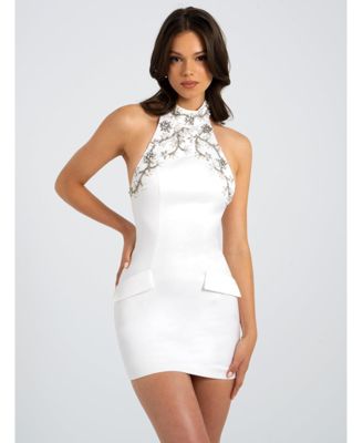 Miss Circle Women's Ori White Halter Neck Crystal Pearl Mini Dress