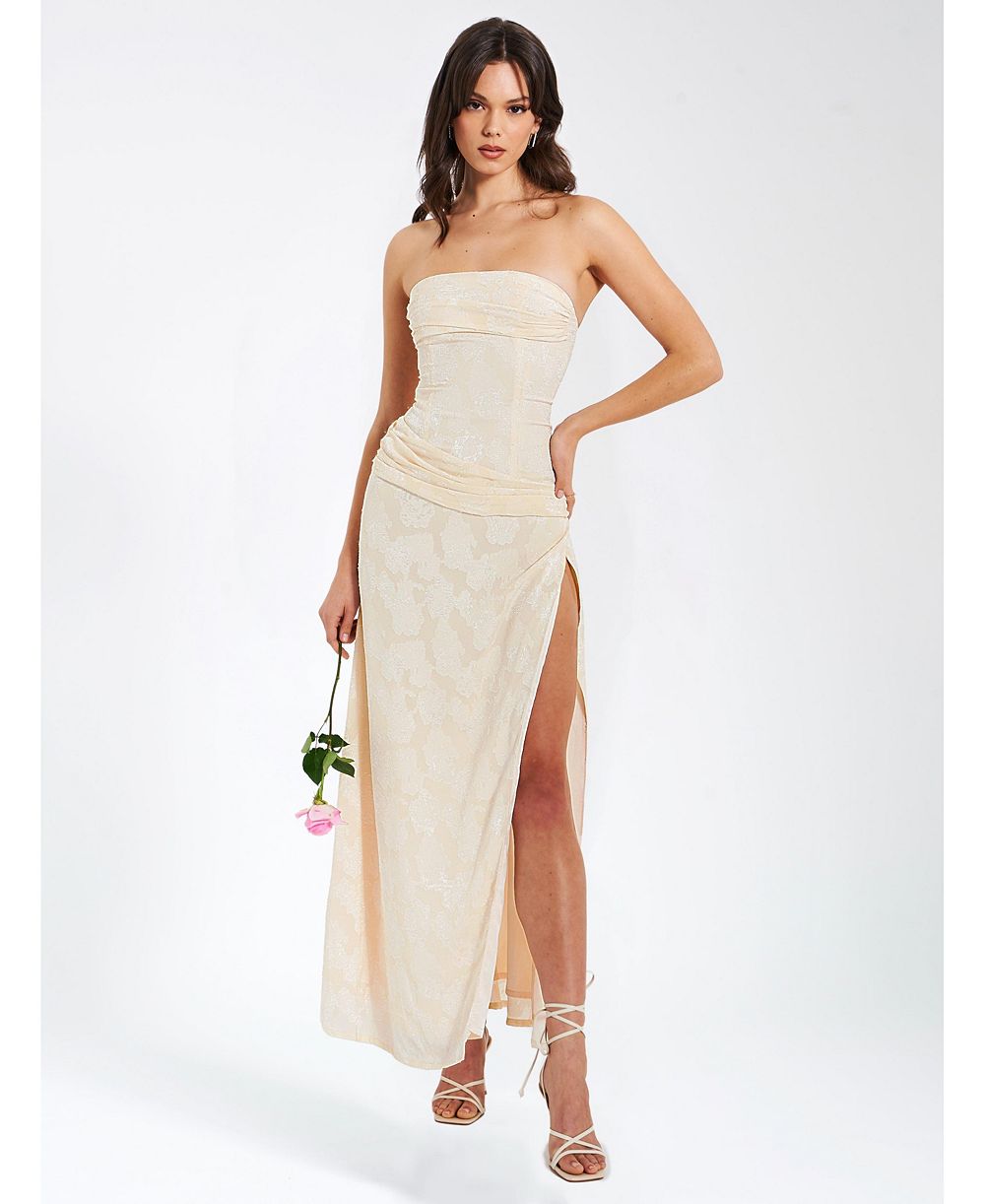 Женское платье Miss Circle Xatia Off White Jacquard Textured High Slit Maxi